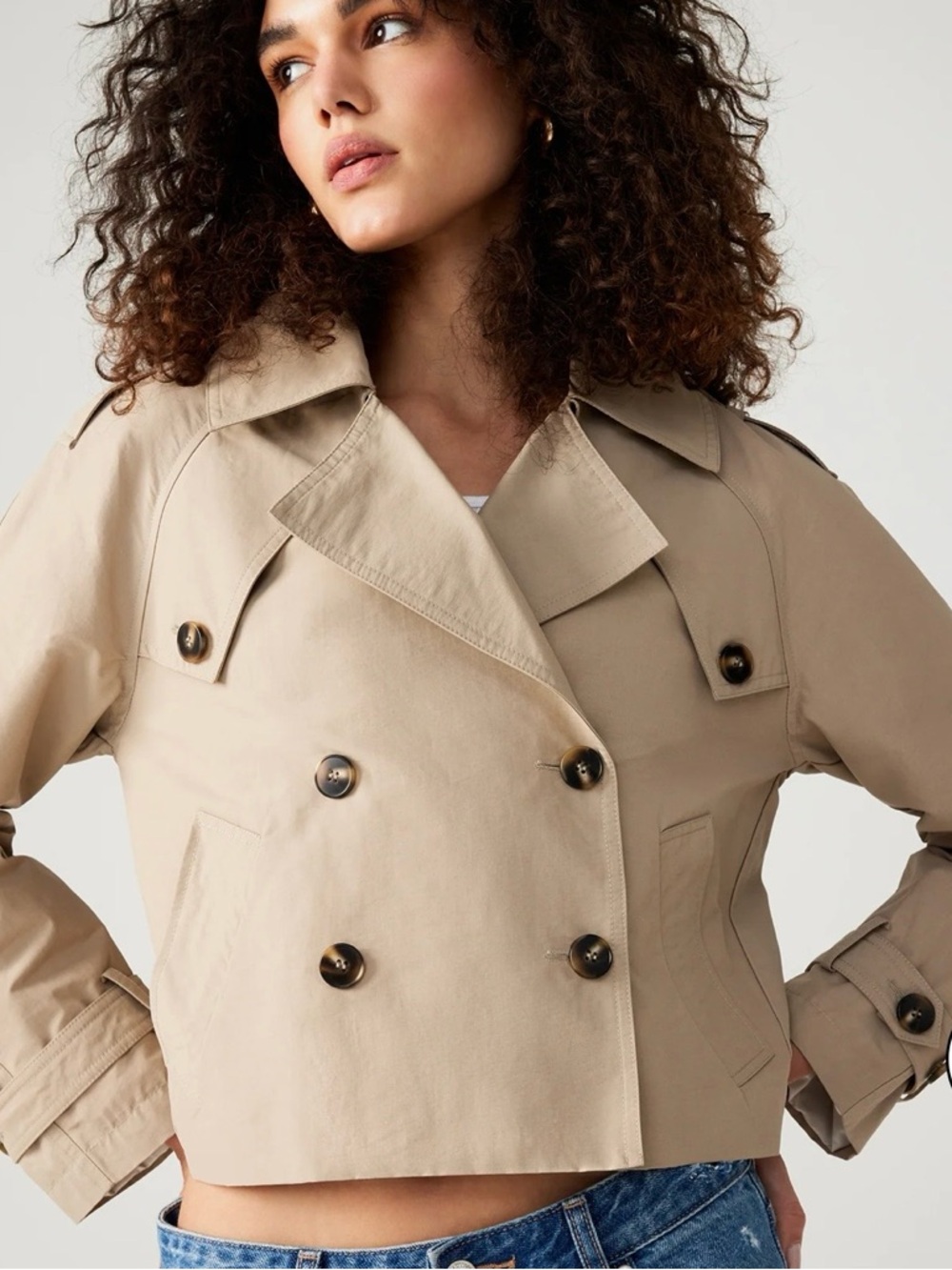 Steve Madden SIRUS Cropped Trench Coat, Khaki, Size Small - Picture 7 of 11